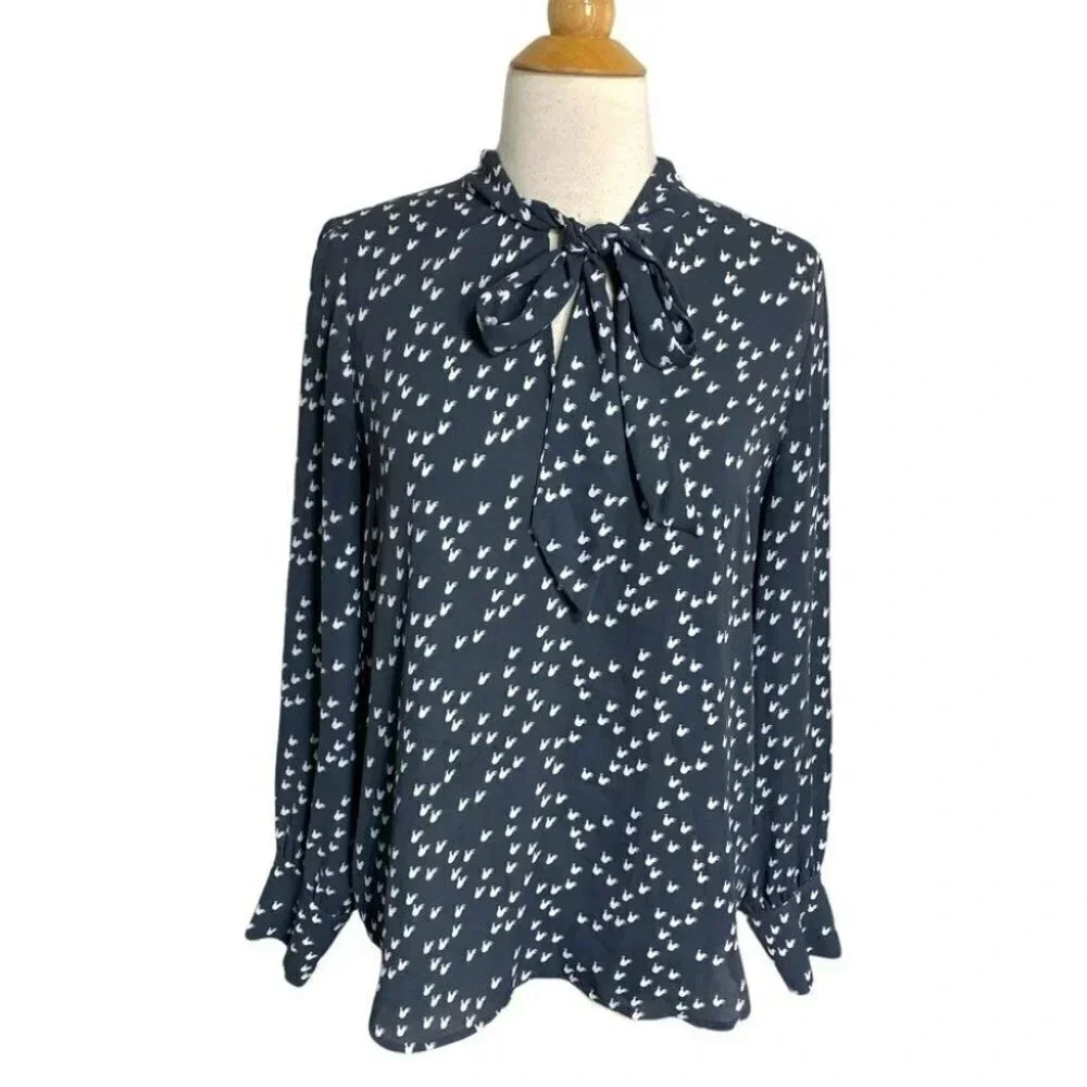 LOFT Blouse Small Navy Blue Bird Print Tie Neck Long‎ Sleeve Ruffle Cuff Top